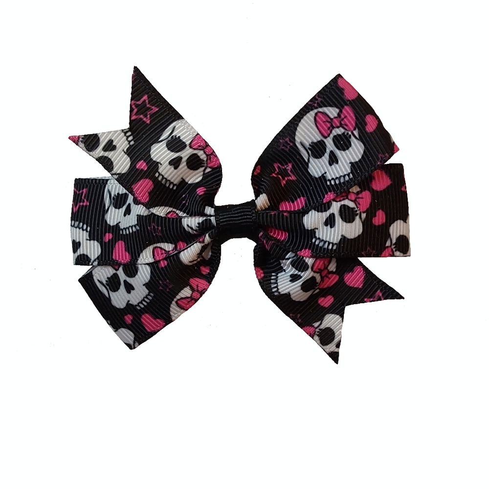Handmade Black Skull & Pink Heart Hair Bow